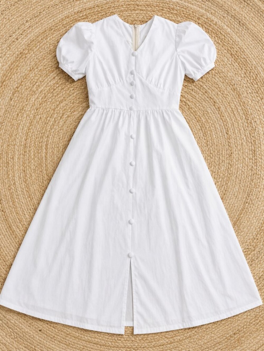 White Puff Sleeve Button Front Midi Dress
